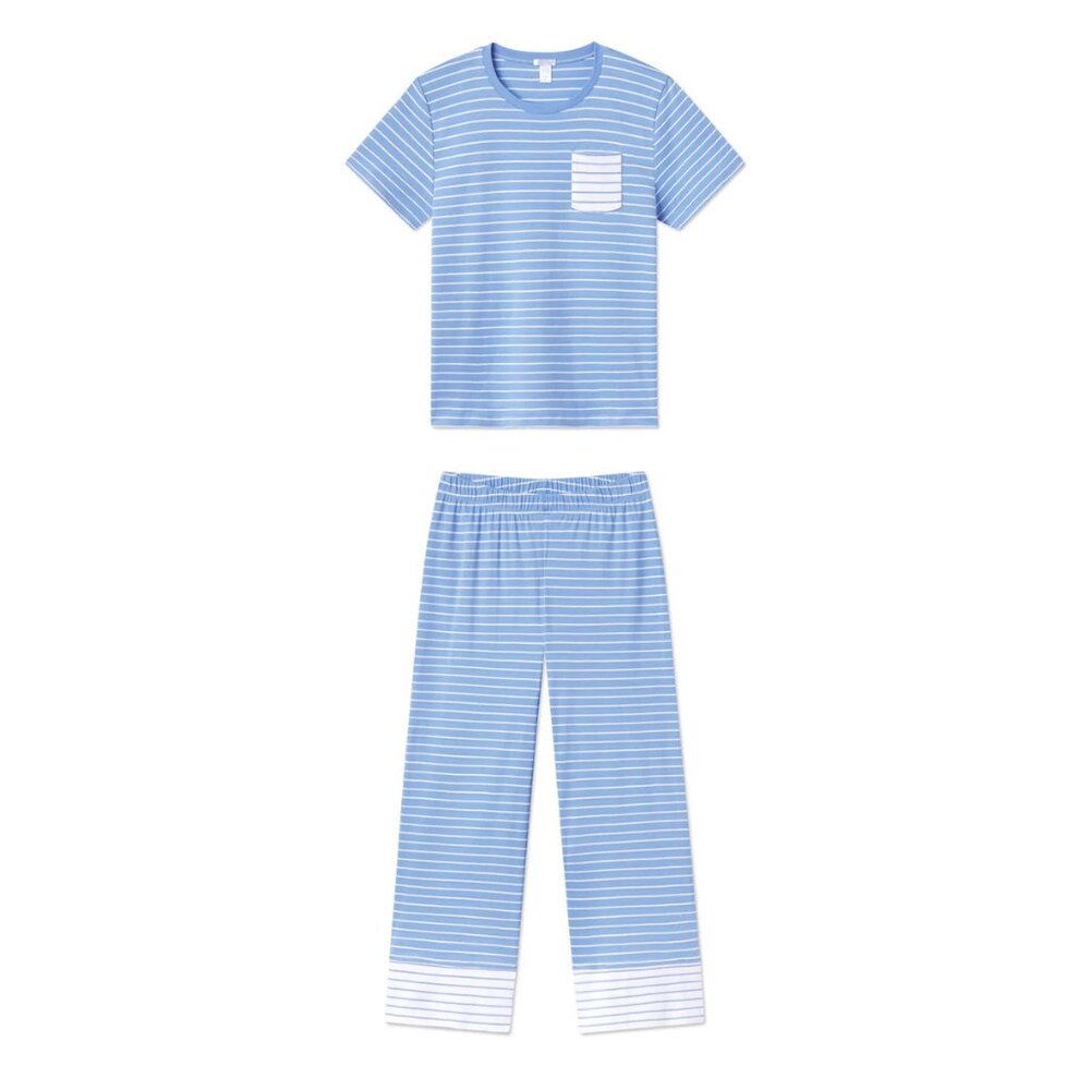 NWT LAKE Pima Crew Wide Leg Pajama Set in Mixed baltic Blue Tripe